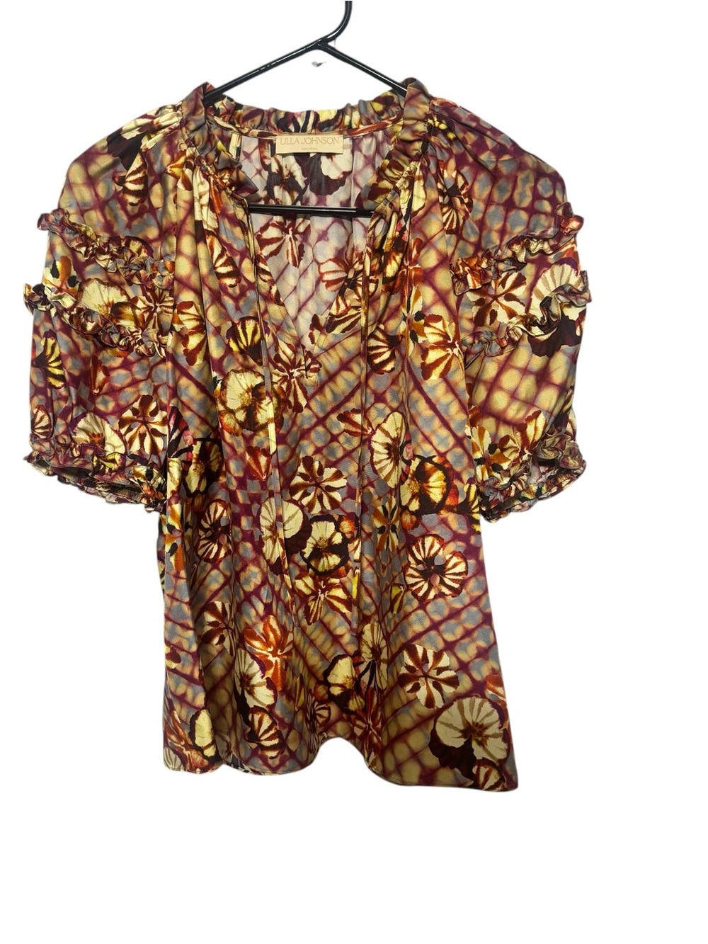Ulla Johnson Floral Ruffle-Sleeve Blouse in Yellow and Burgundy